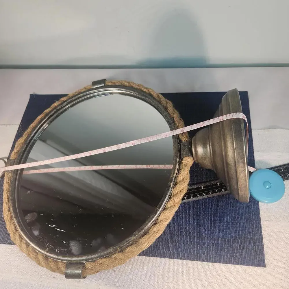 Vintage Round Table Mirror with Rope Frame and Metal Base 18x13 inches
